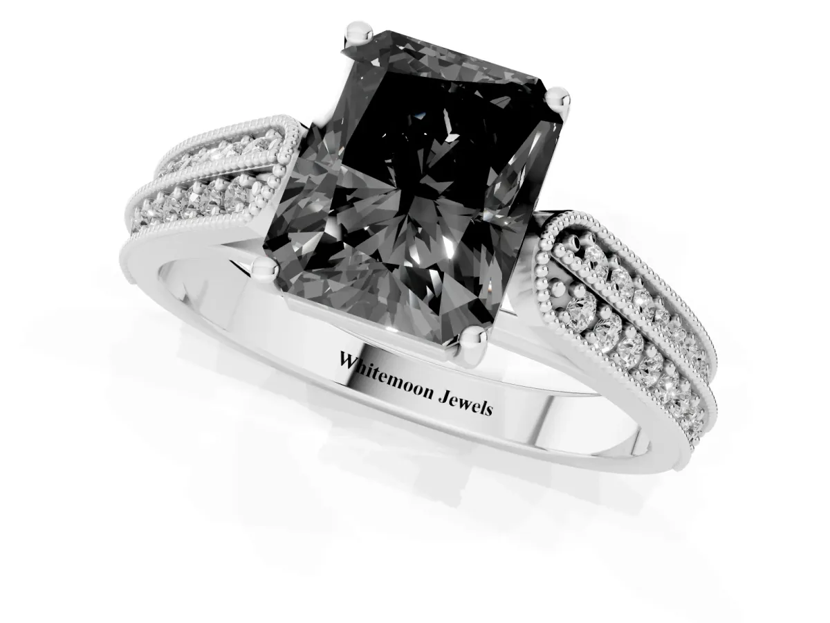 Fancy Black Radiant Cut Cut Pave Split Shank Engagement Ring with Four-Prong Setting White gold