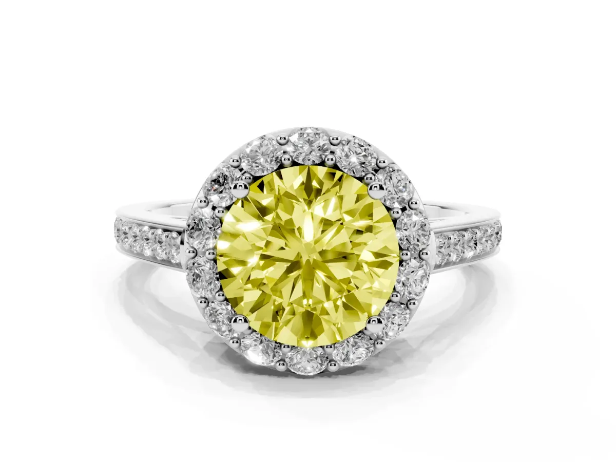 Fancy Yellow Round Cut Diamond Floral Halo Ring with Pavé Band and Prong Setting White gold
