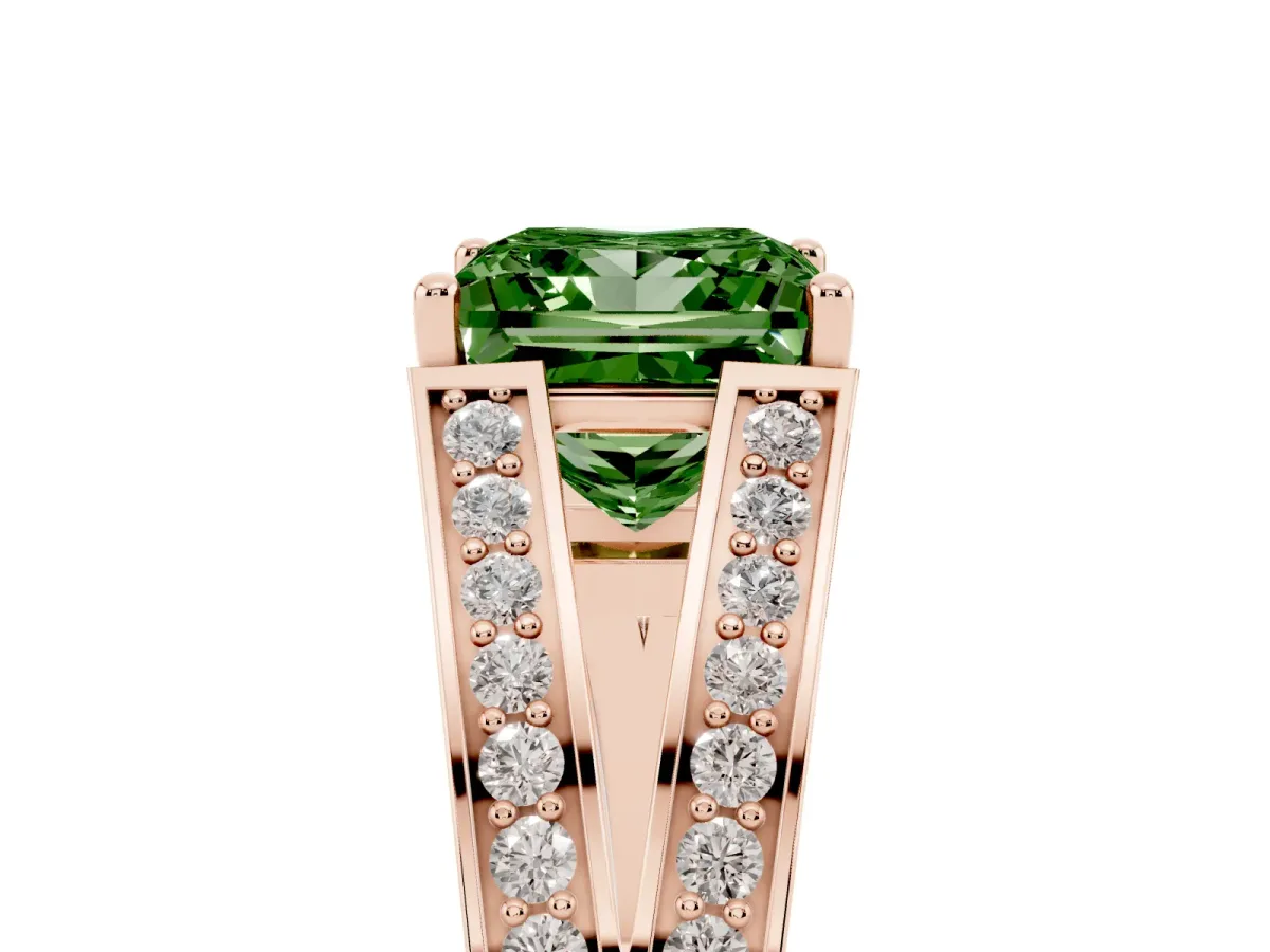 Fancy Green Princess Cut Diamond Split Shank Ring with Pavé Band and Four-Prong Setting Rose gold