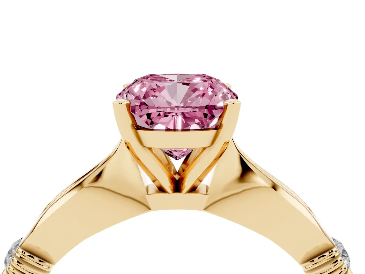 Fancy Pink Cushion Cut Solitaire Diamond Twisted Band with Four-Prong Setting Yellow gold