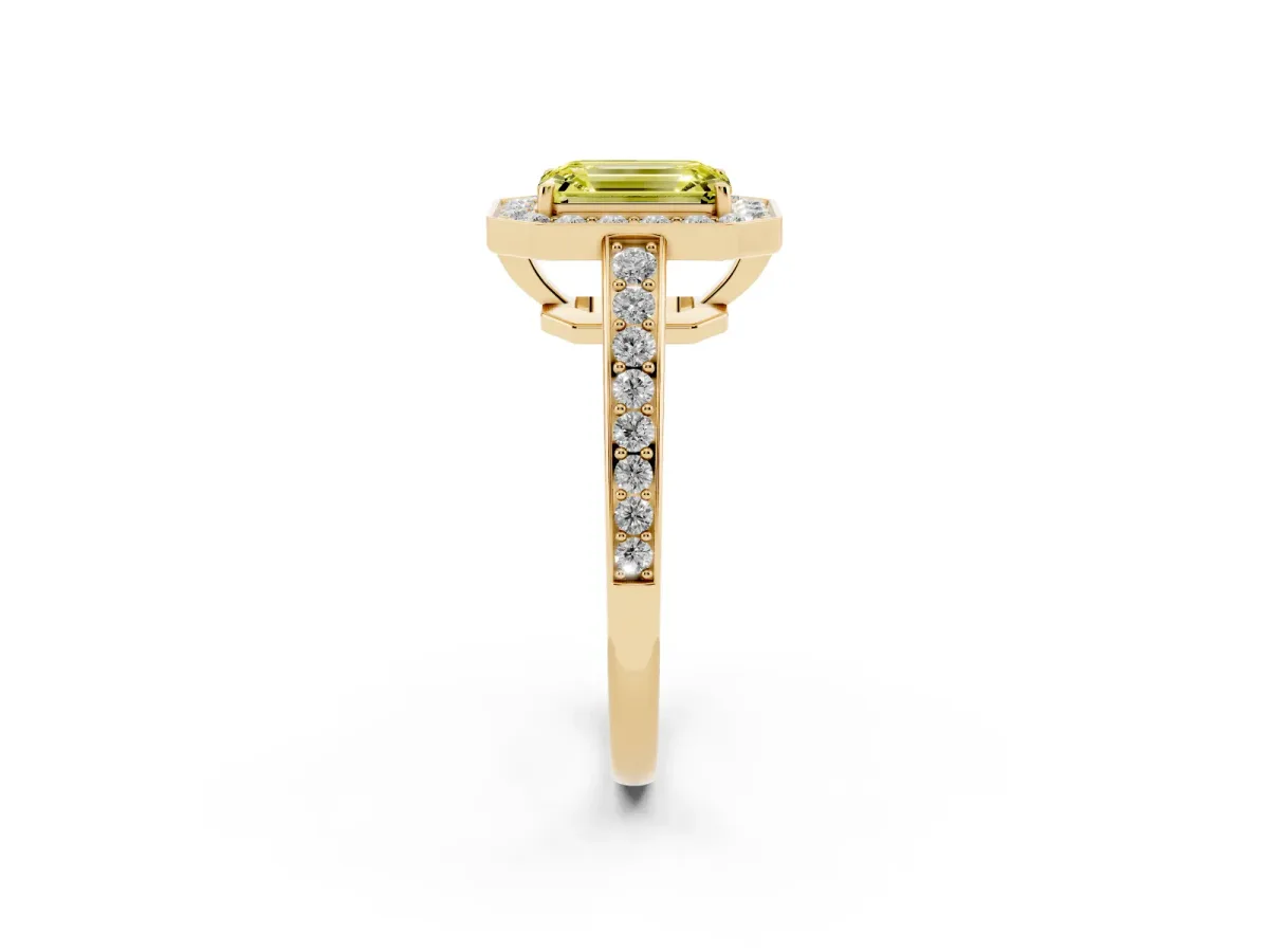 Fancy Yellow Emerald Cut Halo Pavé Diamond Engagement Ring with Bezel Setting Yellow gold