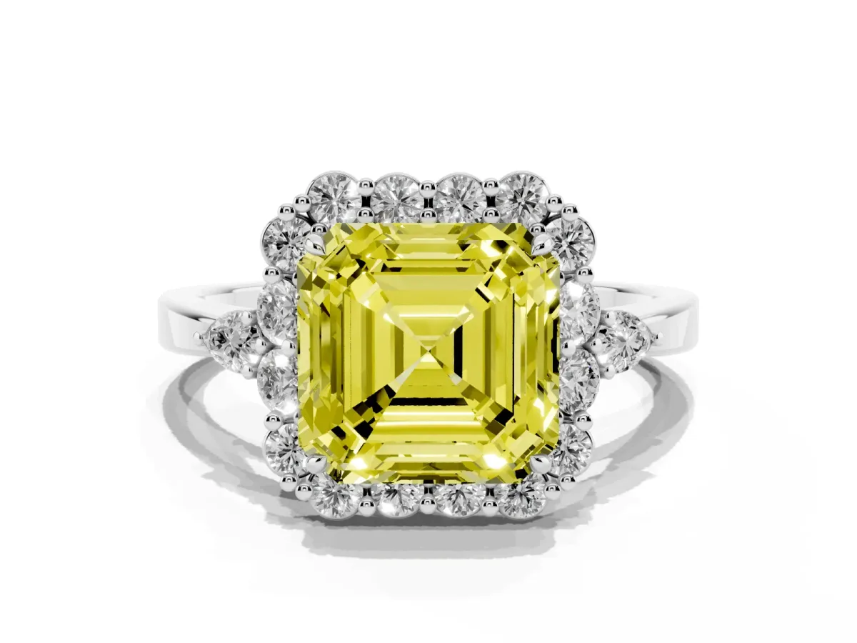 Fancy Yellow Asscher Cut Diamond Halo Ring with Pear Side Stones and Prong Setting Silver