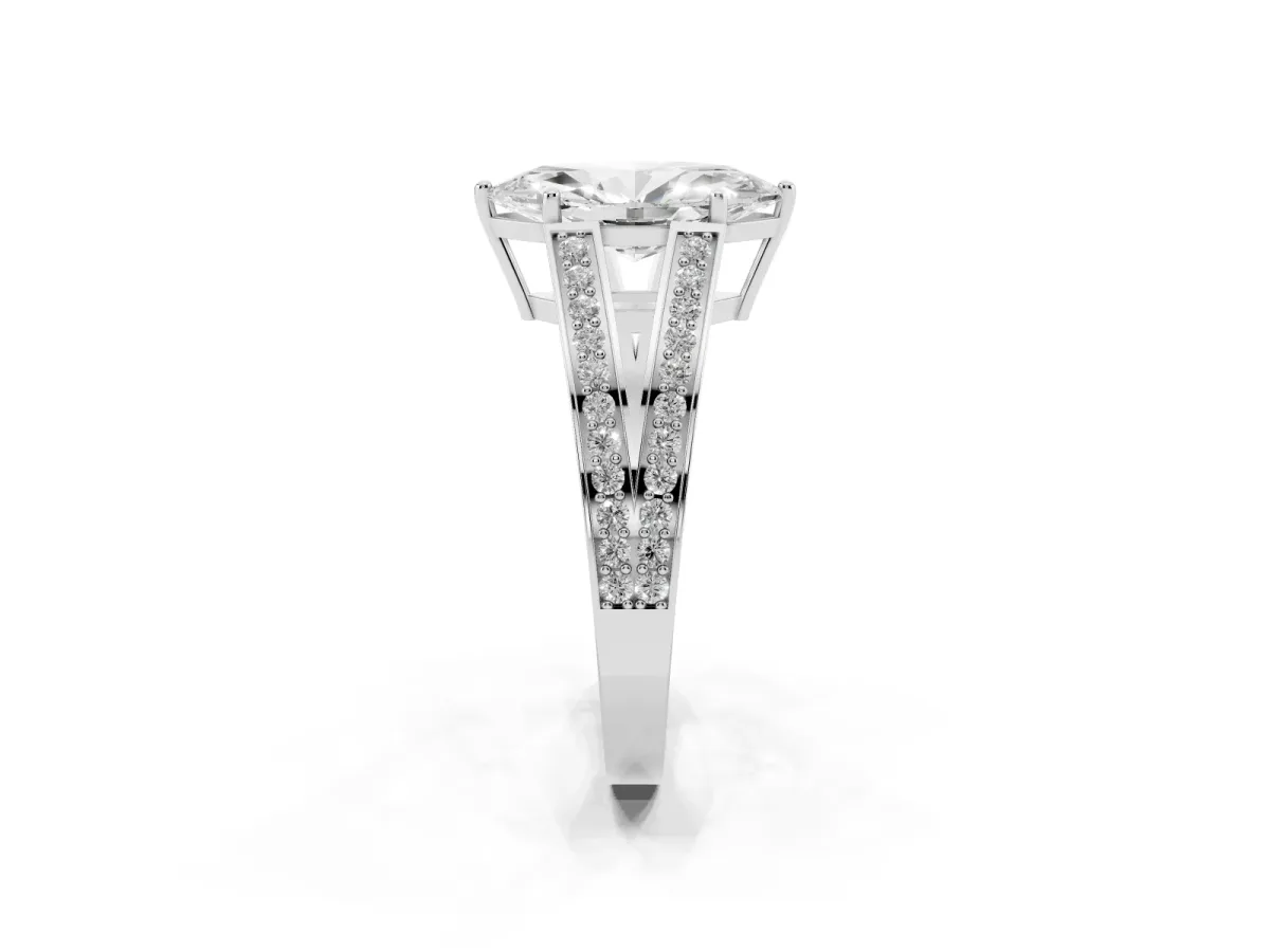 Marquise Cut Diamond Split Shank Ring with Pavé Band and Four-Prong Setting Silver