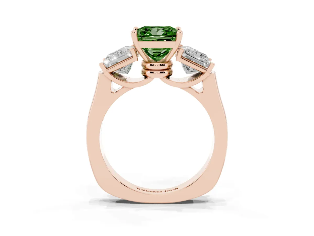 Fancy Green Three-Stone Princess Cut Brilliant Diamond Trellis Ring with Comfort Fit Band Rose gold