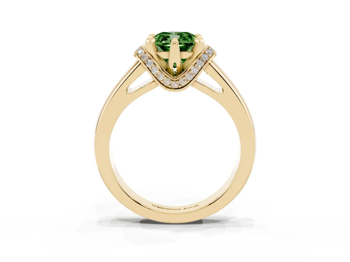 Fancy Green Cushion Cut Solitaire Diamond Ring with Pave Band and Six-Prong Setting Yellow gold