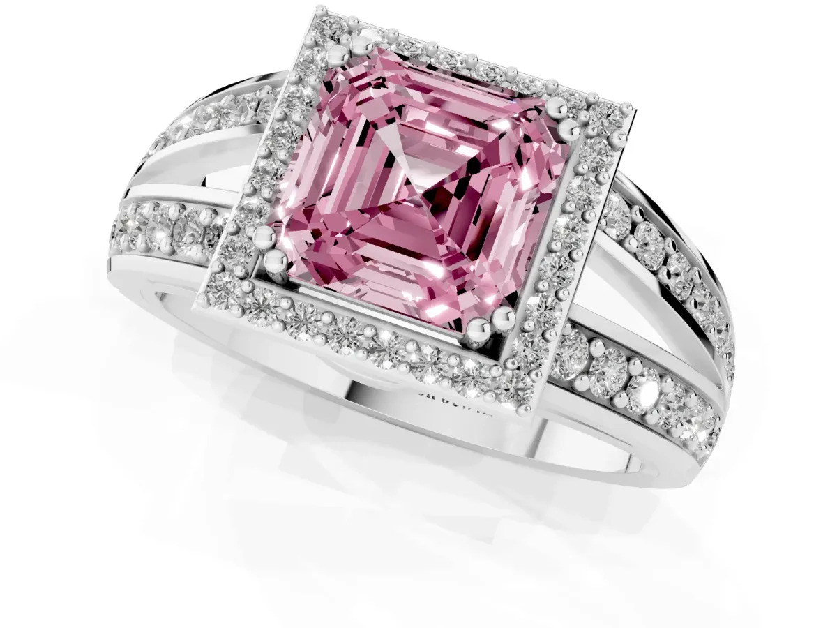 Fancy Pink Asscher Cut Diamond Halo Ring with Split Shank Pavé Band and Four-Prong Setting Silver