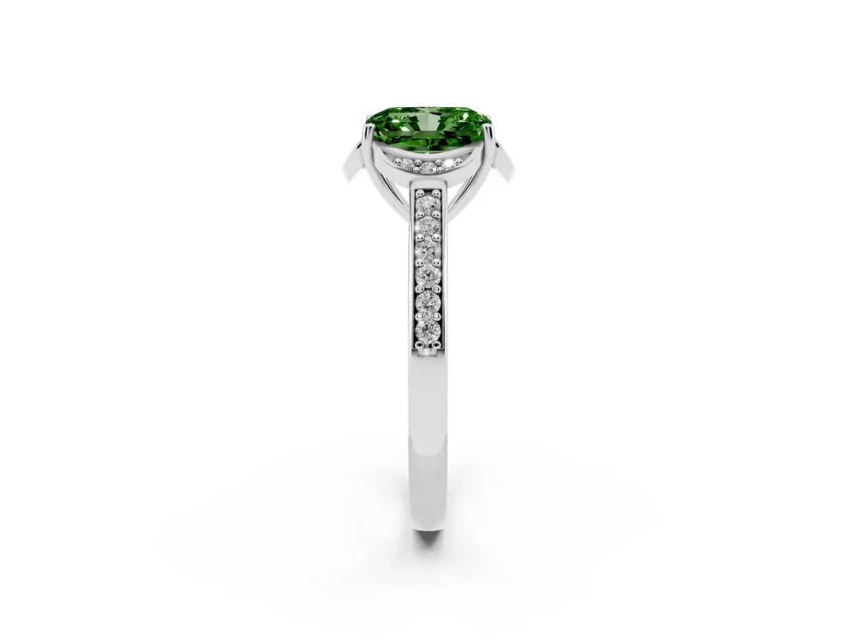 Fancy Green Radiant Cut Cut Halo Diamond Ring with Channel Set Band and Four-Prong Setting White gold
