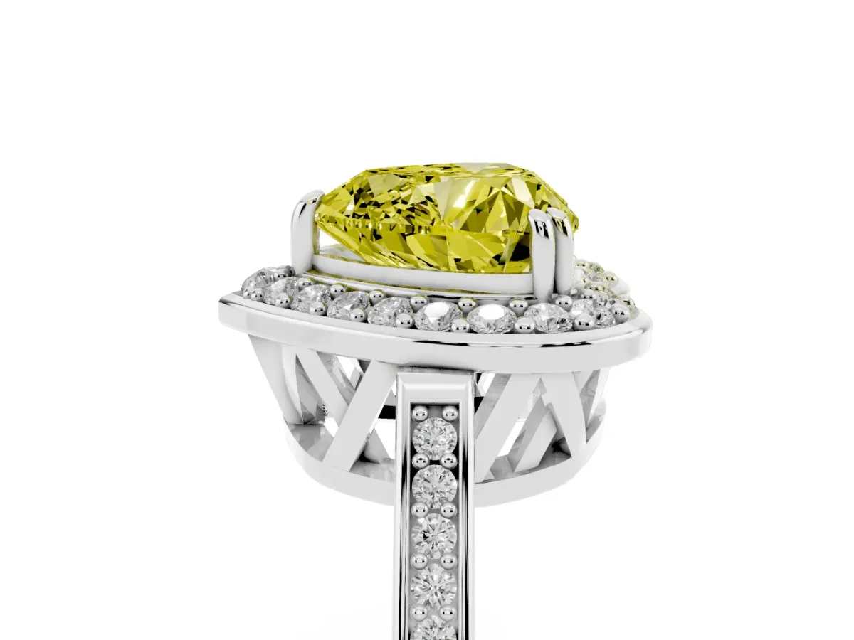 Fancy Yellow Heart Cut Diamond Halo Ring with Split Shank and Four-Prong Setting Silver