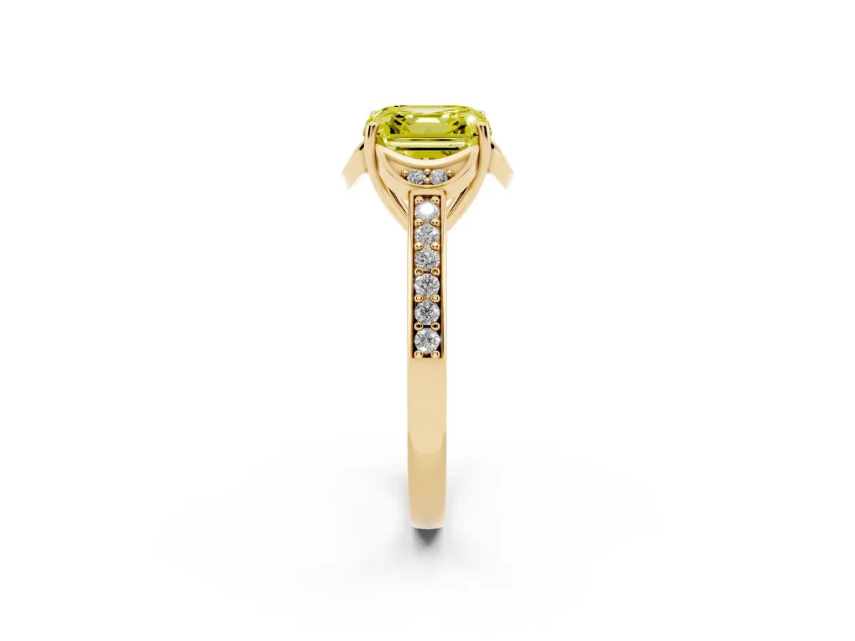 Fancy Yellow Asscher Cut Cut Halo Diamond Ring with Channel Set Band and Four-Prong Setting Yellow gold