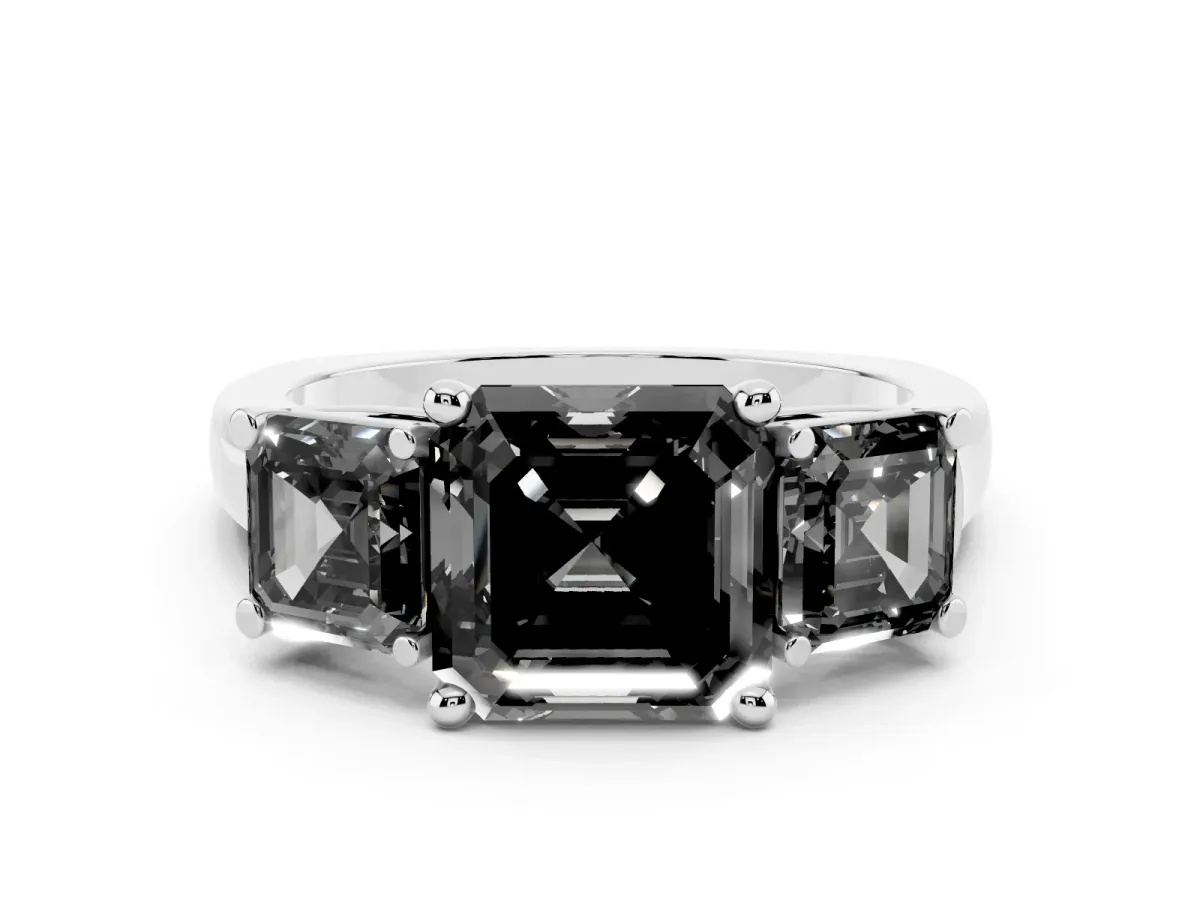 Fancy Black Three-Stone Asscher Cut Brilliant Diamond Trellis Ring with Comfort Fit Band Platinum