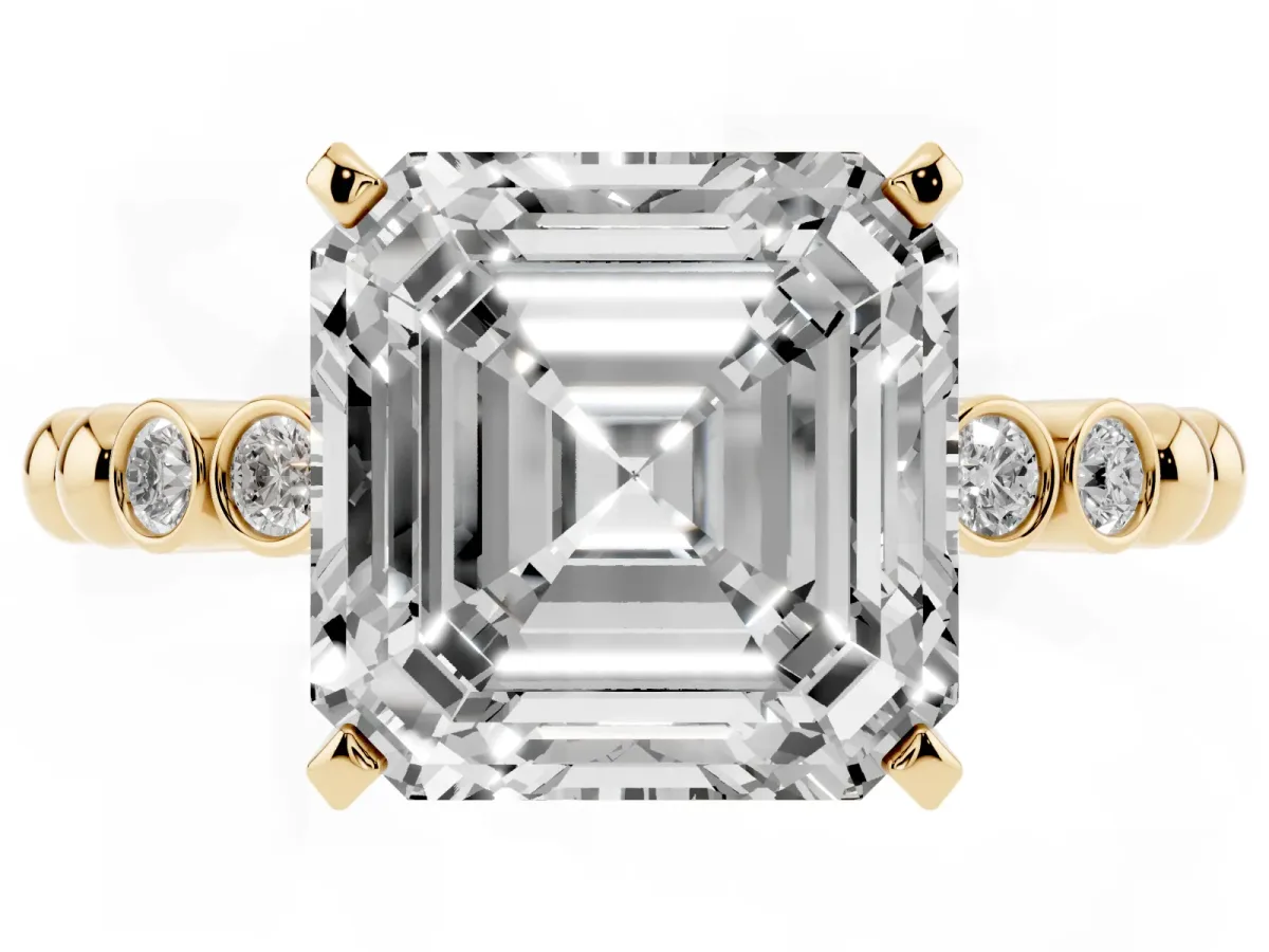 Asscher Cut Solitaire Bezel Accent Diamond Engagement Ring with Beaded Band and Four-Prong Setting Yellow gold