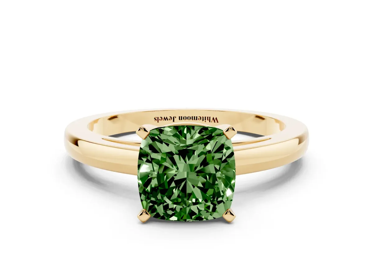 Fancy Green Cushion Cut Solitaire Diamond Engagement Ring with Four-Prong Setting on a Classic Band Yellow gold