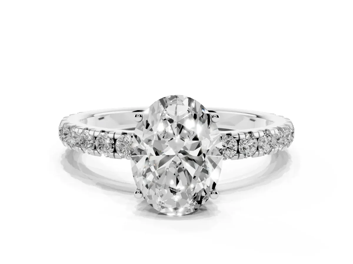 Oval Cut Diamond Pavé Solitaire Engagement Ring with Four-Prong Setting Platinum