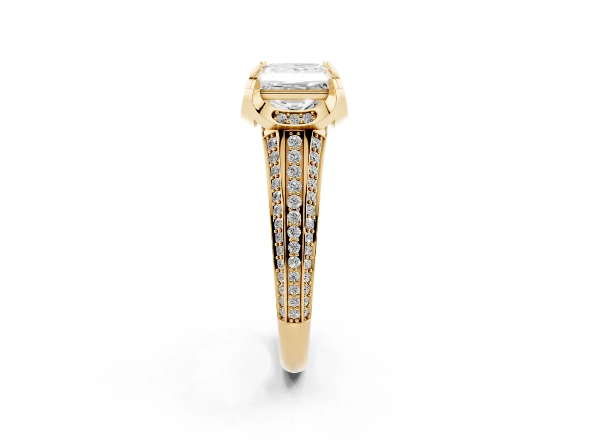 Princess Cut Solitaire Pave Split Shank Ring with Four-Prong Setting Yellow gold
