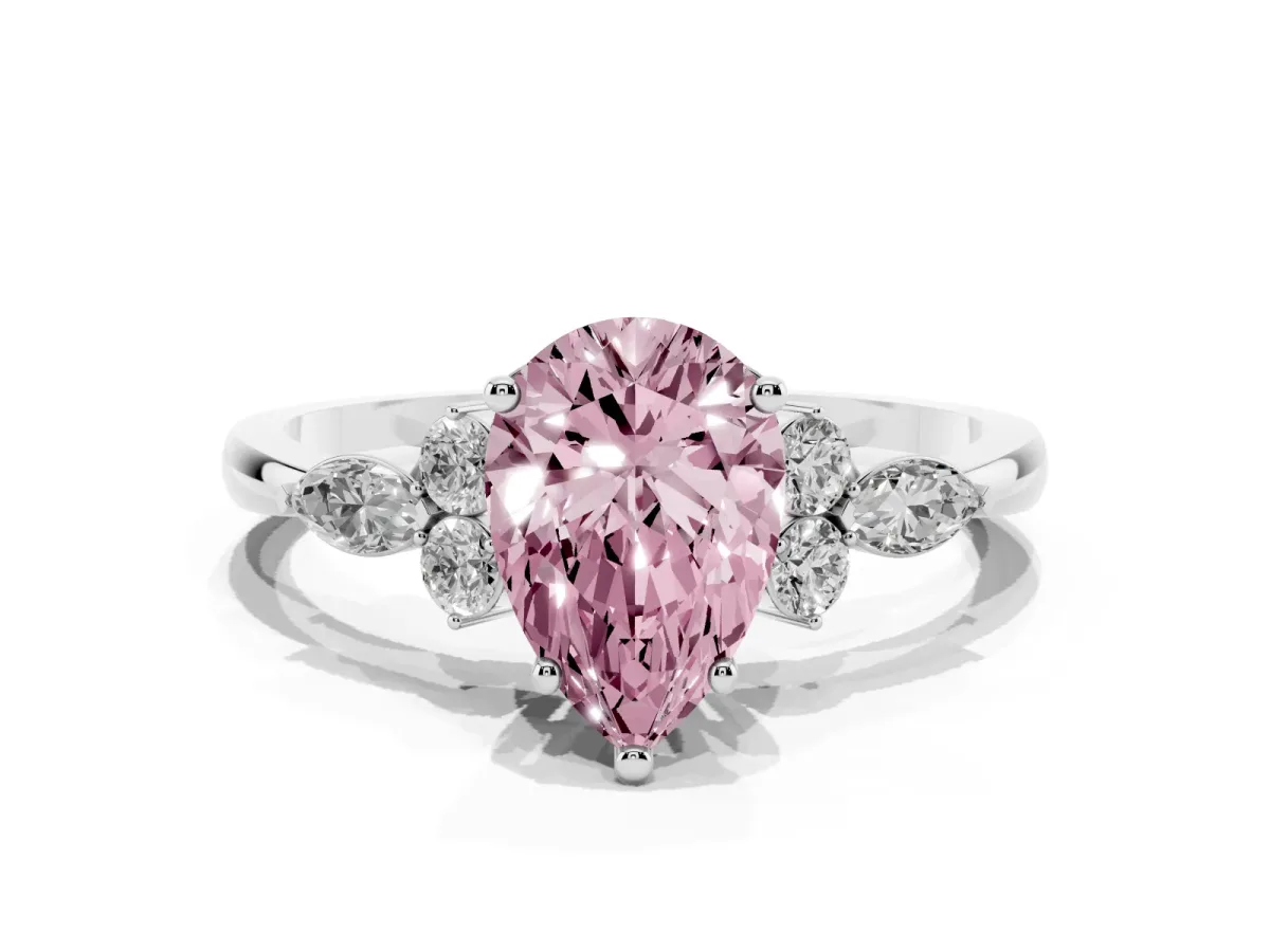 Fancy Pink Pear Cut Brilliant Diamond Solitaire Ring with Pear Side Stones and Four-Prong Setting Silver