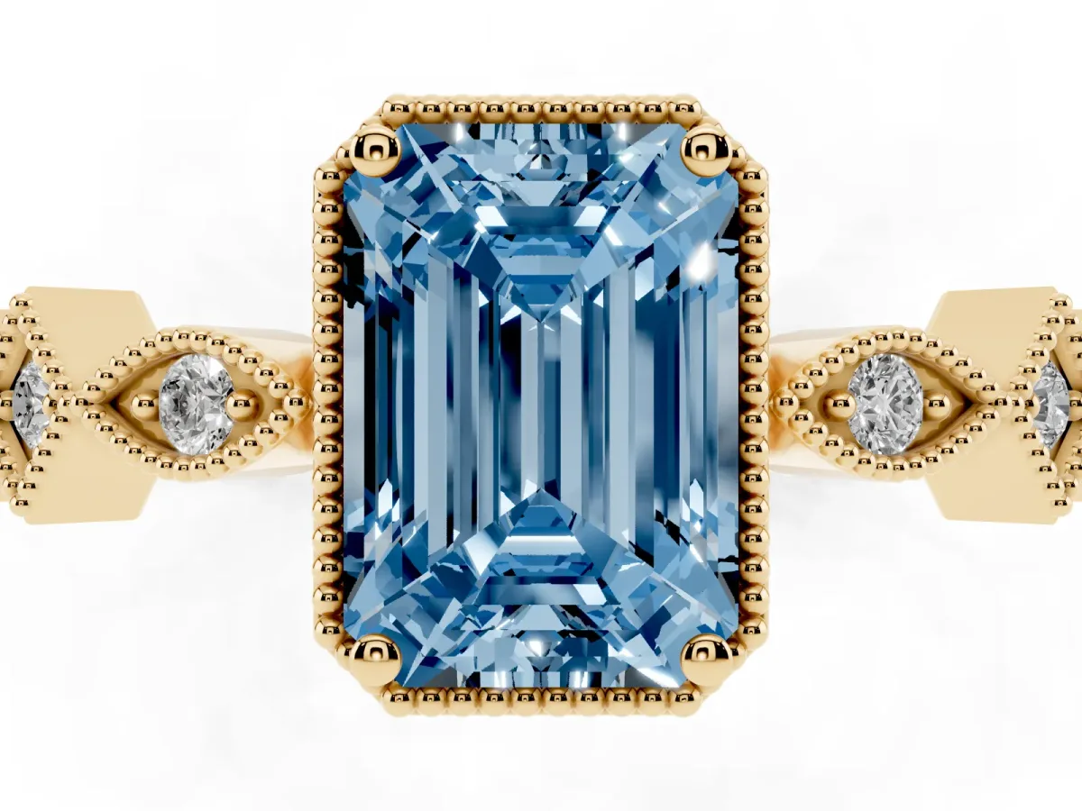 Fancy Blue Emerald Cut Milgrain Marquise Diamond Twist Band Ring Yellow gold