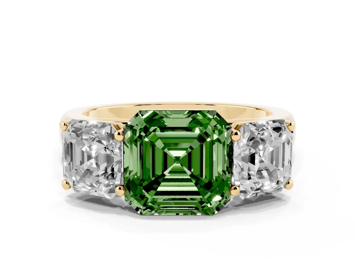 Fancy Green Asscher Cut Three-Stone Diamond Ring with Prong Setting on a Classic Band Yellow gold