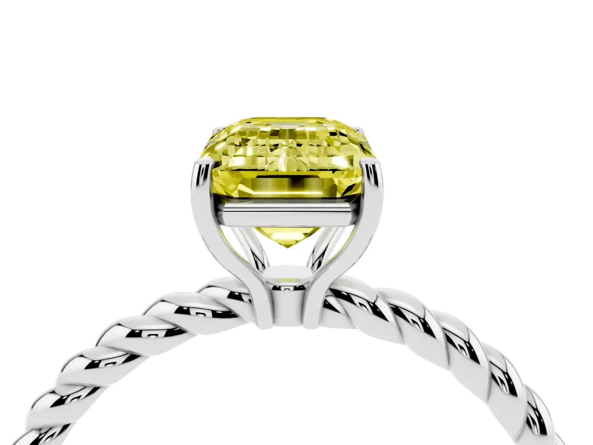 Fancy Yellow Emerald Cut Solitaire Twisted Band 4-Prong Ring Silver