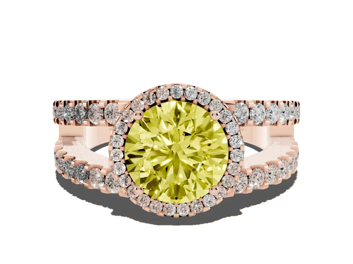 Fancy Yellow Round Cut Cut Halo Split Shank Diamond Ring with Four-Prong Setting Rose gold