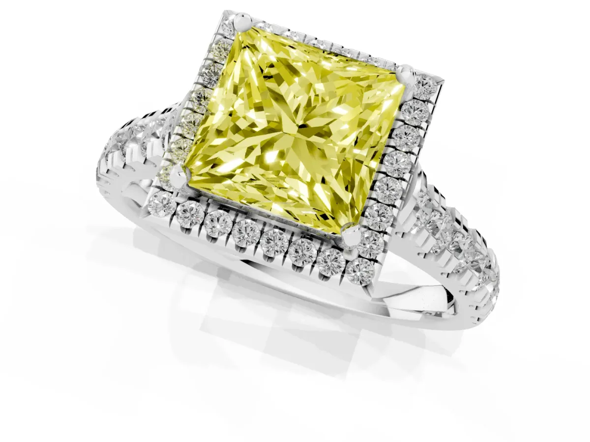 Fancy Yellow Princess Cut Halo Pavé Diamond Engagement Ring with Four-Prong Setting Platinum
