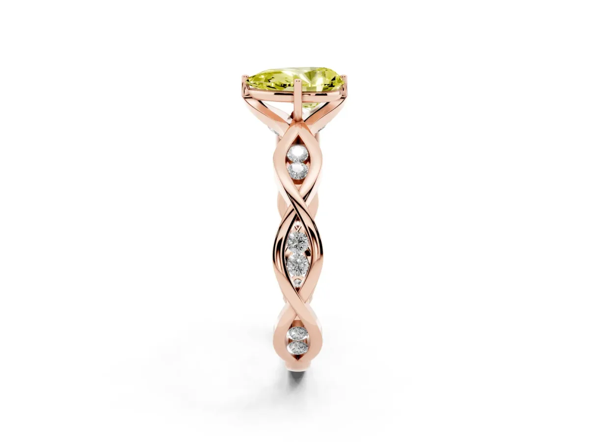Fancy Yellow Pear Cut Solitaire Twist Band with Leaf Prong Setting Rose gold