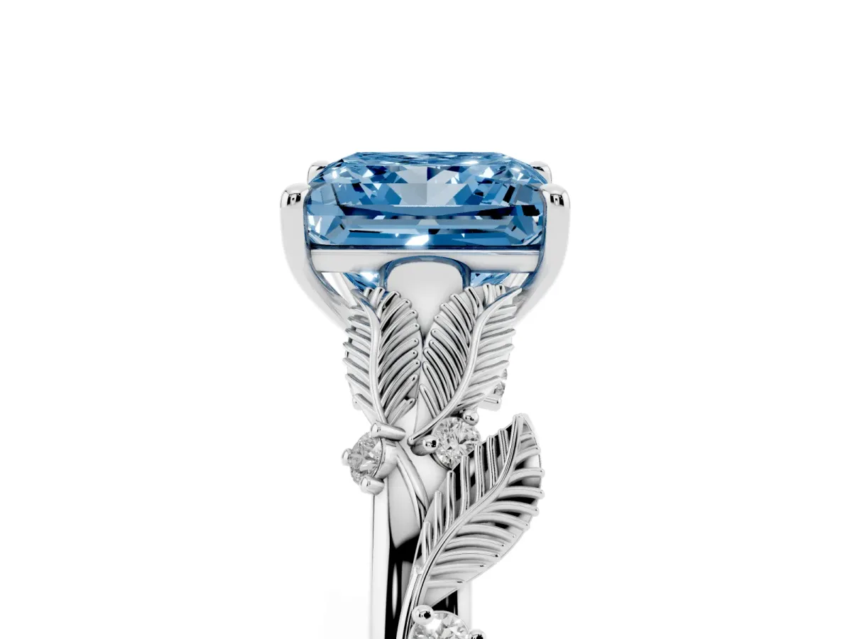 Fancy Blue Princess Cut Diamond Solitaire Ring with Leaf Motif Band and Four-Prong Setting Silver