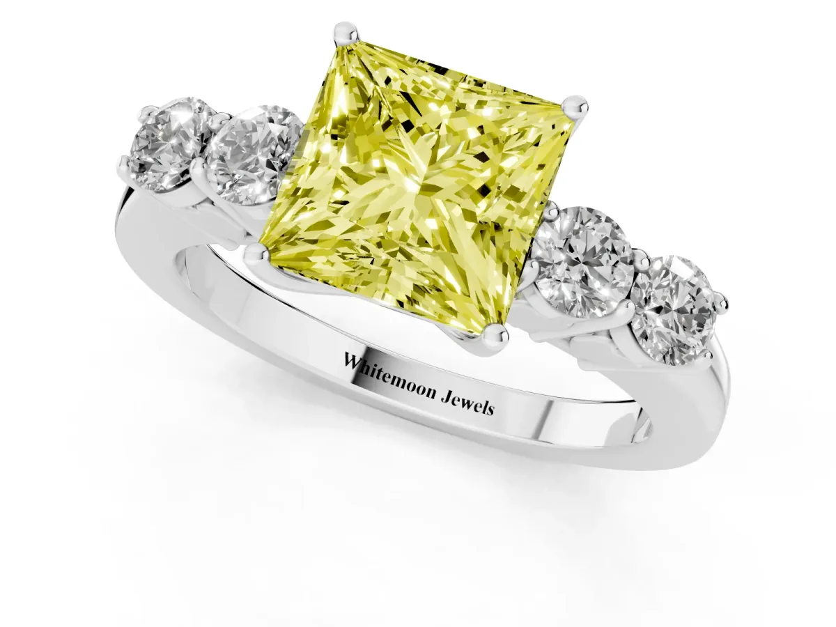 Fancy Yellow Princess Cut Cut Diamond Five-Stone Prong Set White Gold Ring Silver