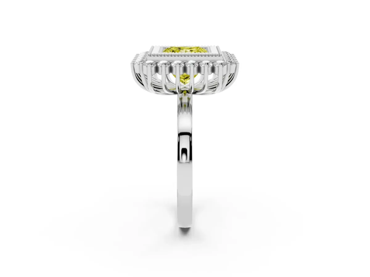 Fancy Yellow Princess Cut Halo Diamond Ring with Milgrain Edge and Round Prong Setting Silver