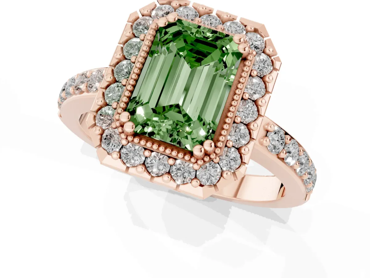 Fancy Green Emerald Cut Diamond Halo Ring with Pavé Band and Prong Setting Rose gold