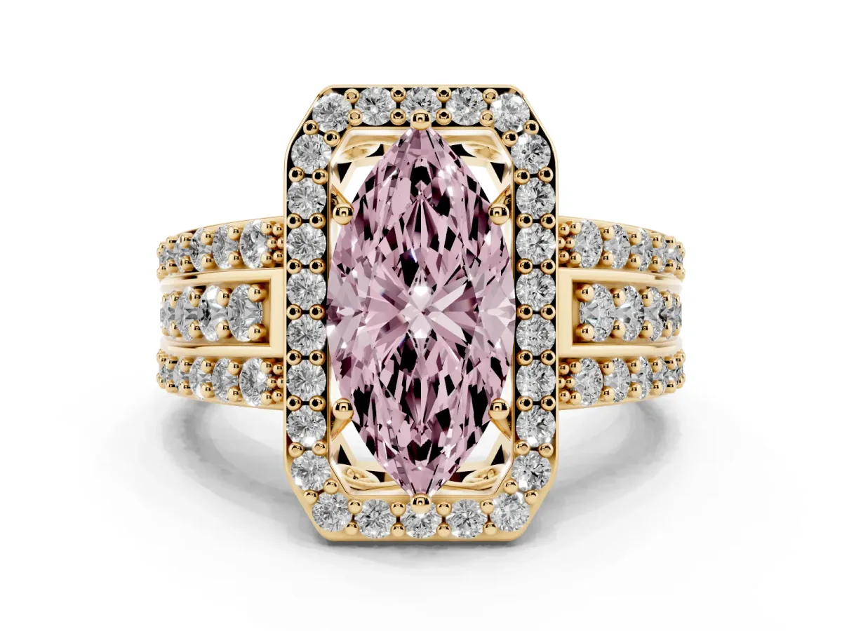 Fancy Pink Marquise Cut Halo Diamond Ring with Round Split Shank and Prong Setting Yellow gold