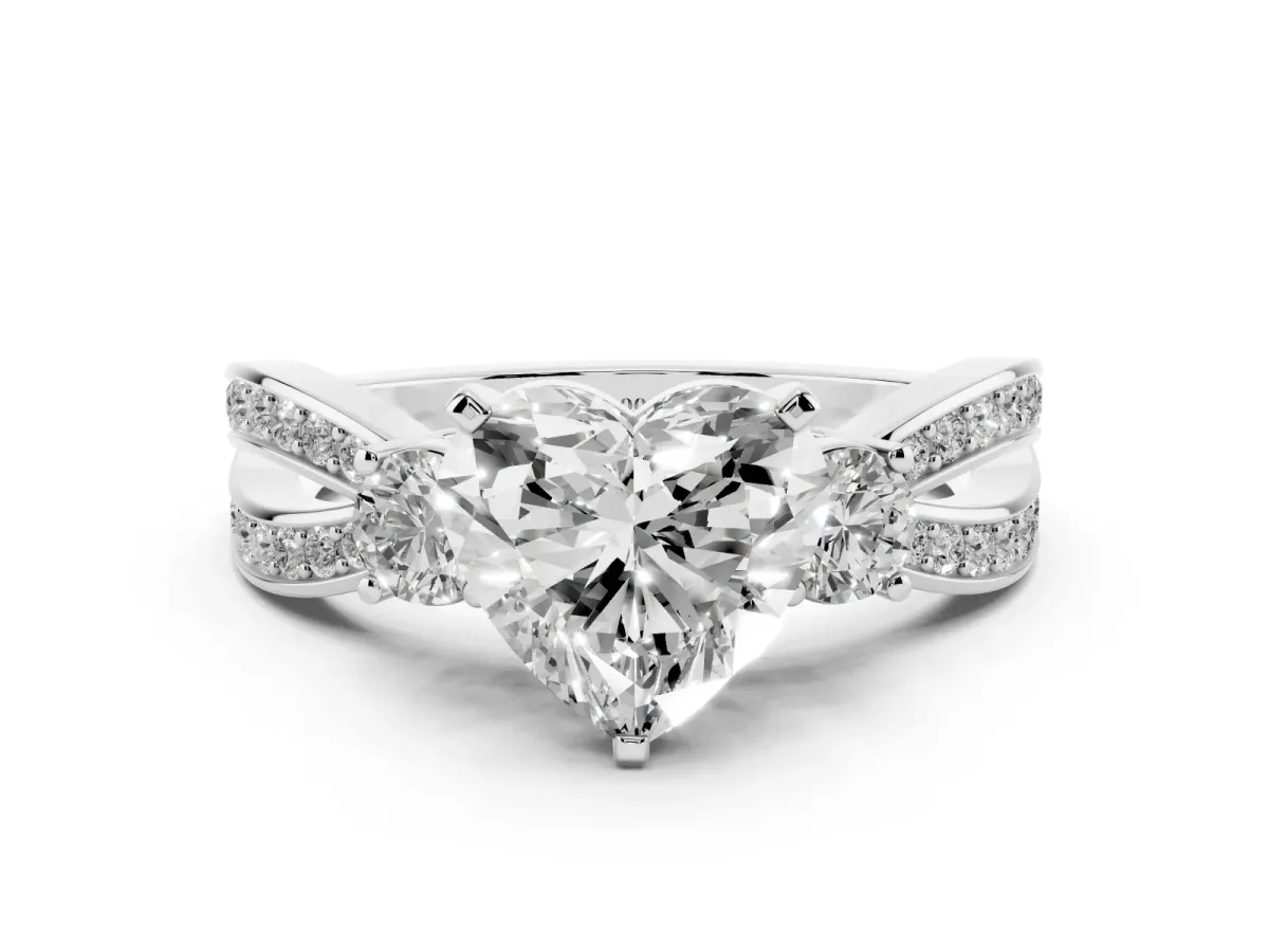Three-Stone Heart Cut Cut Diamond Twist Band with Prong Setting Silver