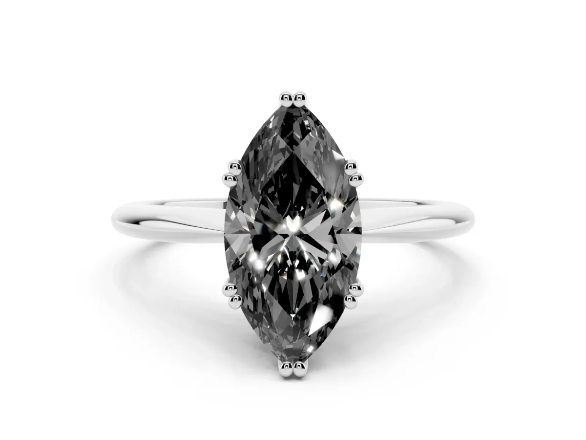 Fancy Black Marquise Cut Solitaire Diamond Ring with Six-Prong Setting and Classic Band Silver