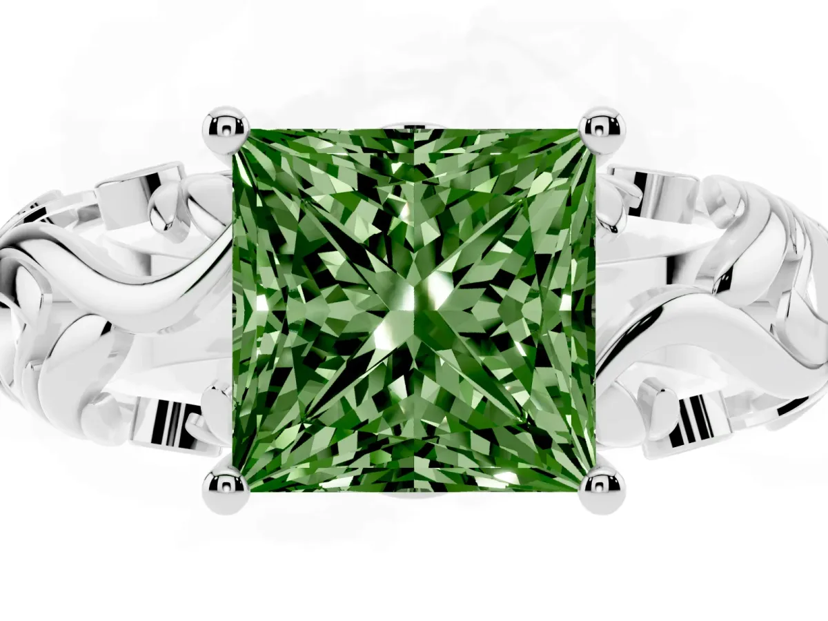 Fancy Green Princess Cut Solitaire Diamond Leaf-Inspired Vine Band Ring with Prong Setting Silver