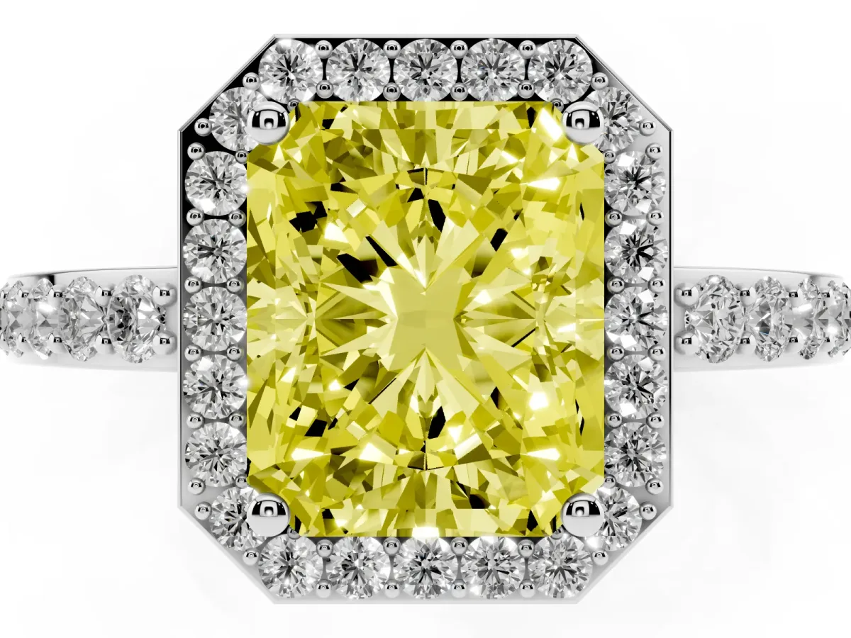 Fancy Yellow Radiant Cut Halo Diamond Pavé Band Ring with Prong Setting Platinum