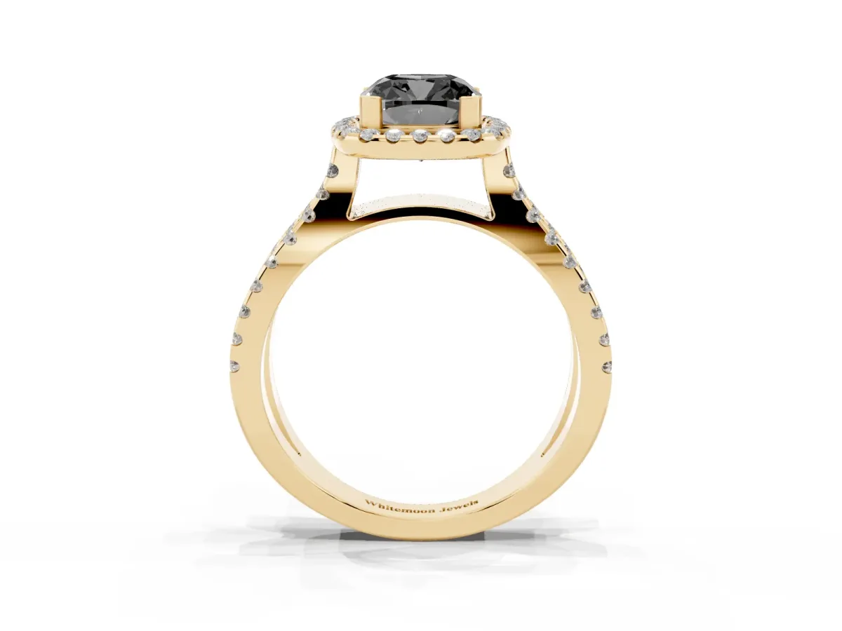 Fancy Black Cushion Cut Diamond Halo Ring with Split Shank Pavé Band and Prong Setting Yellow gold