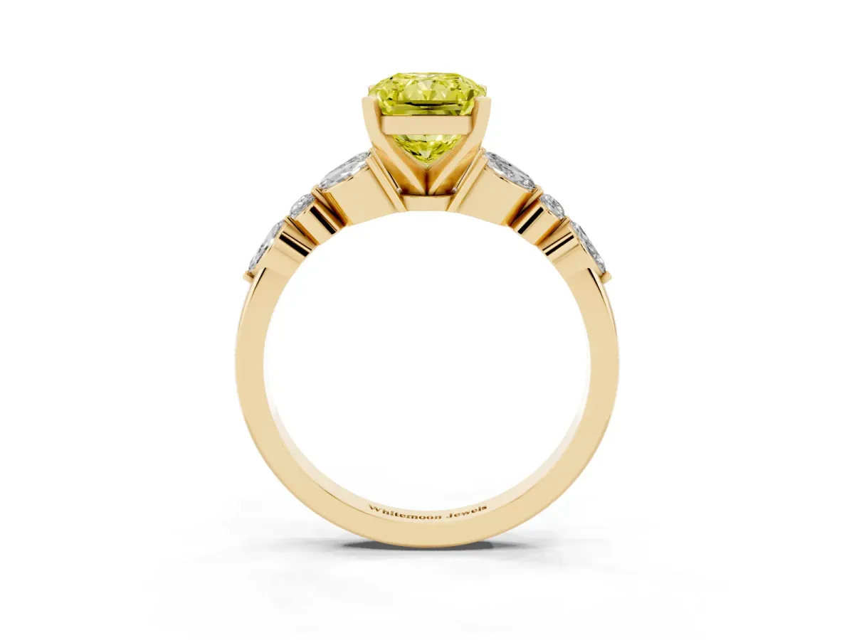 Fancy Yellow Radiant Cut Diamond Solitaire Ring with Side Stones and Four-Prong Setting Yellow gold