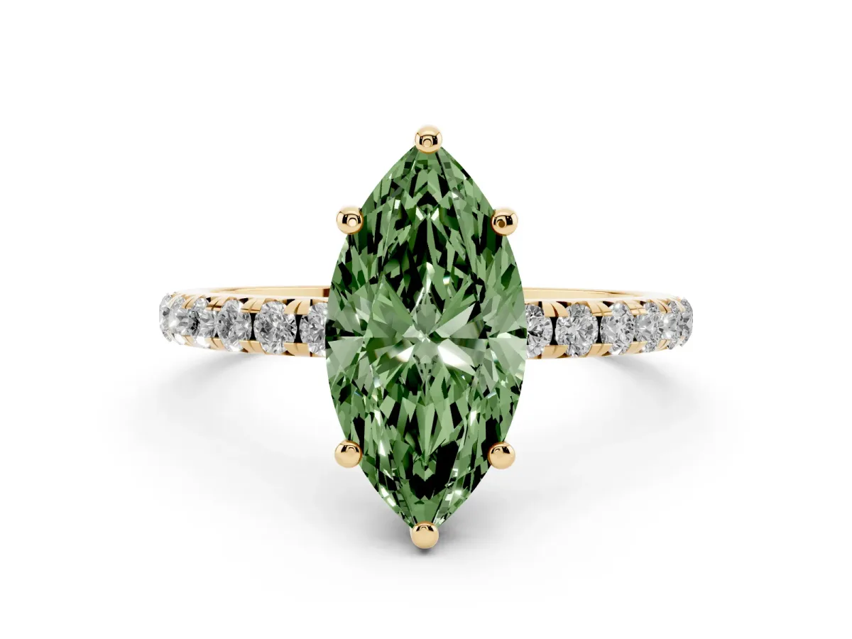Fancy Green Marquise Cut Cut Diamond Solitaire Ring with Micro Pave Band and Four Prong Setting Yellow gold
