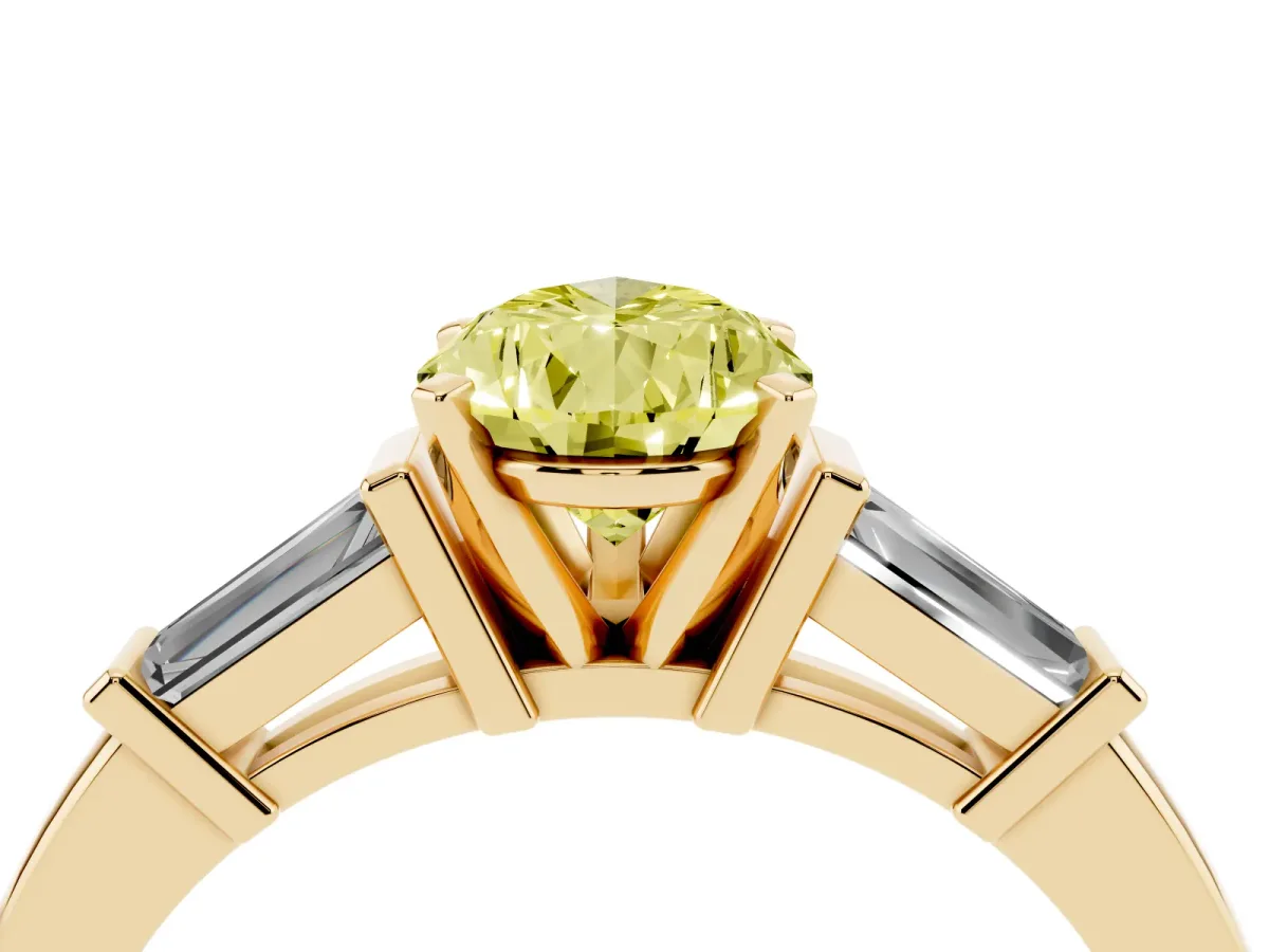 Fancy Yellow Pear Cut Cut Diamond Solitaire Ring with Tapered Baguette Accents and Four-Prong Setting Yellow gold