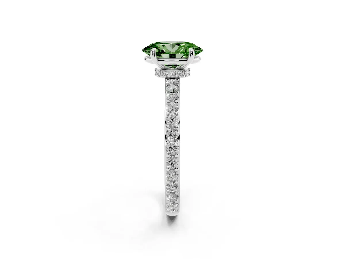 Fancy Green Oval Cut Diamond Pavé Engagement Ring with Round Accents and Prong Setting Silver