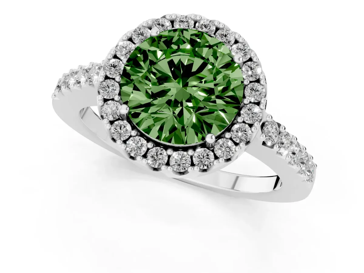 Fancy Green Round Cut Halo Diamond Pavé Solitaire Ring Silver