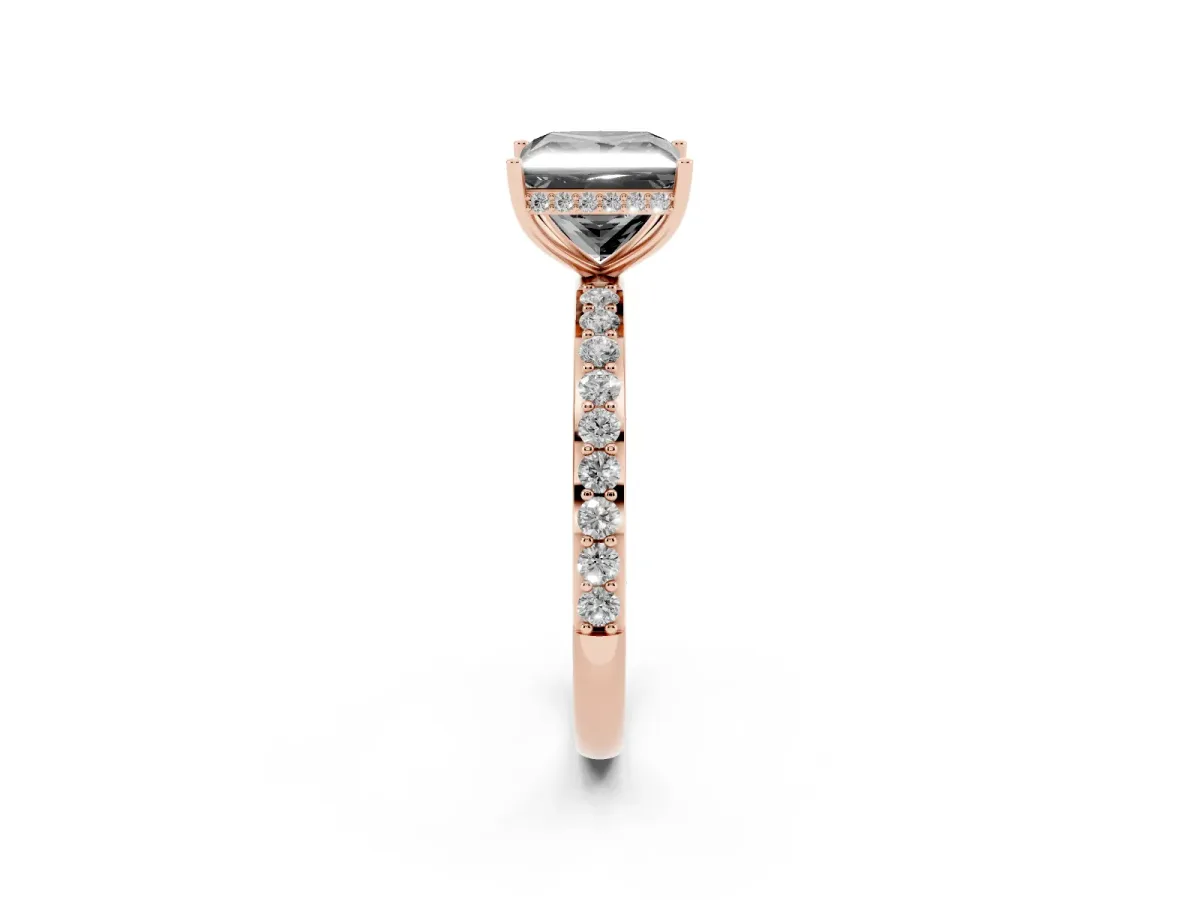 Fancy Black Princess Cut Diamond Solitaire Ring with Pavé Band and Hidden Halo Rose gold