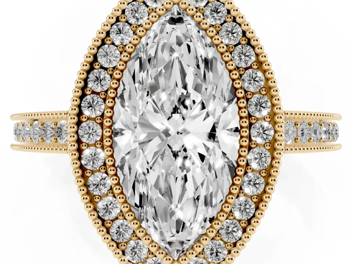 Marquise Cut Cut Halo Diamond Ring with Pavé Band and Milgrain Prong Setting Yellow gold