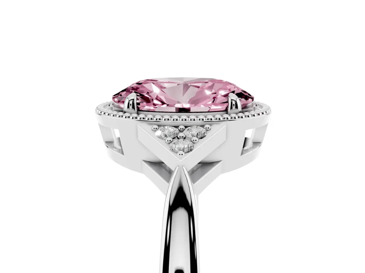 Fancy Pink Oval Cut Diamond Halo Ring with Tapered Band and Four-Prong Setting White gold