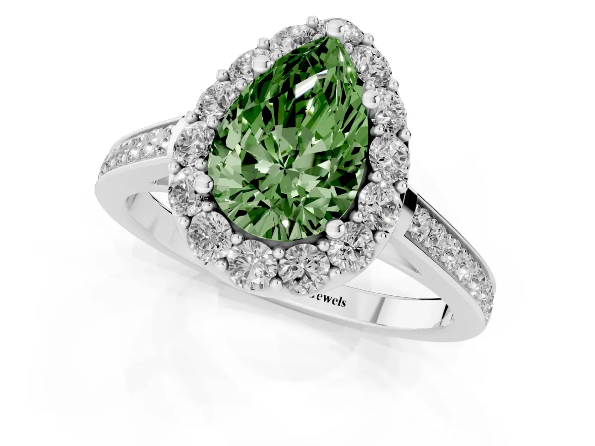 Fancy Green Pear Cut Diamond Floral Halo Ring with Pavé Band and Prong Setting White gold