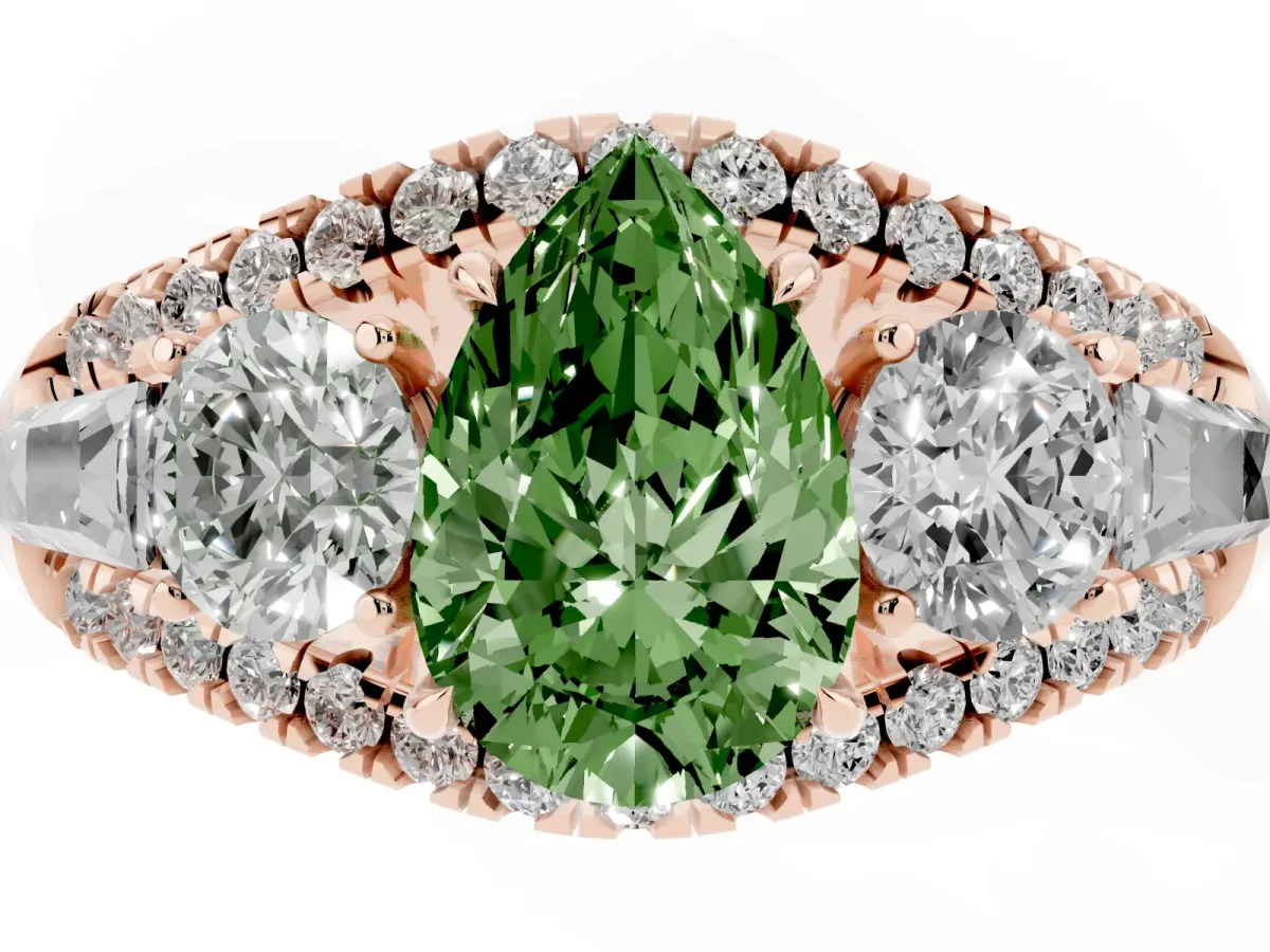 Fancy Green Three-Stone Pear Cut Diamond Engagement Ring with Pave Band and Prong Setting Rose gold