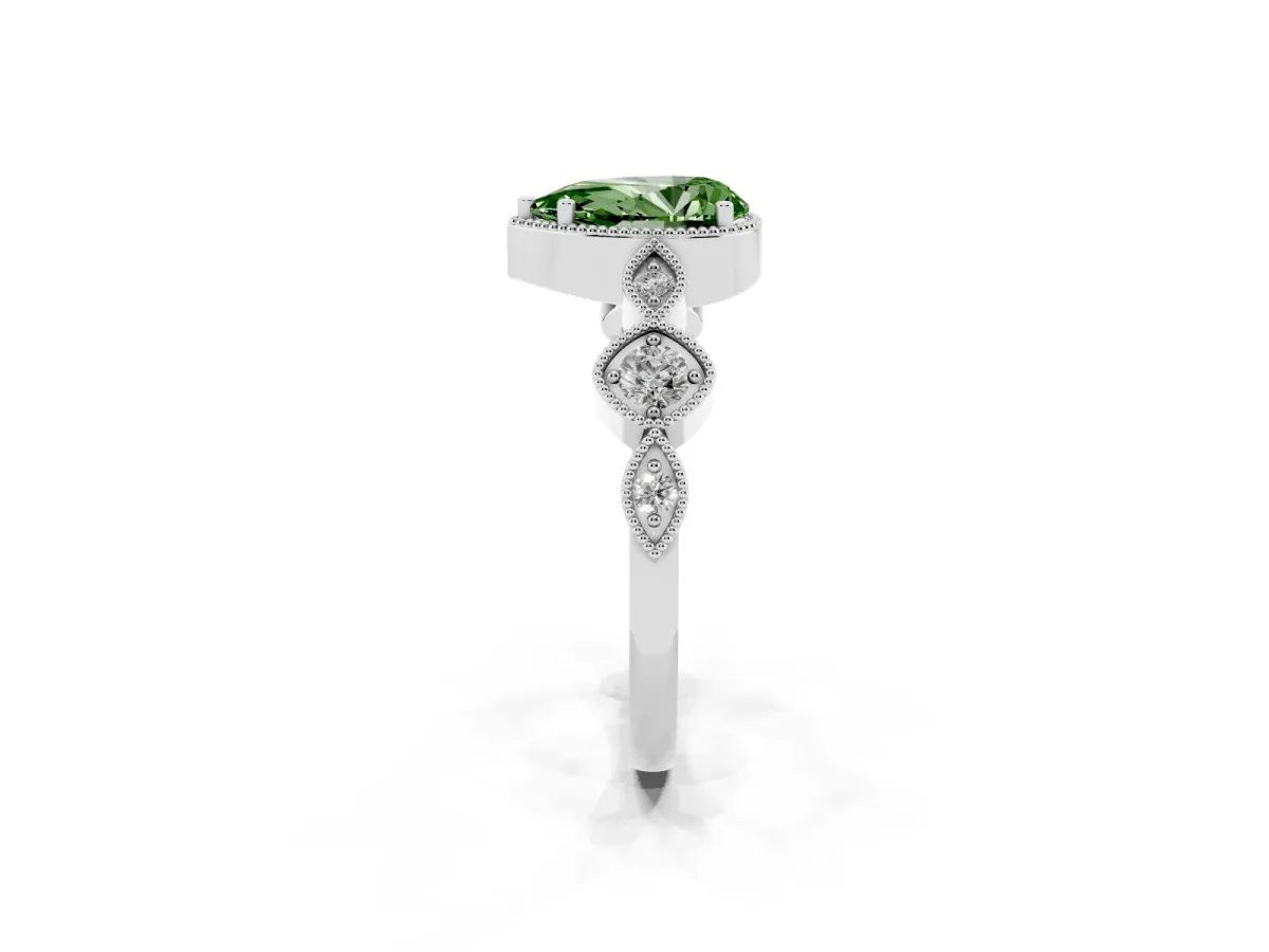 Fancy Green Pear Cut Diamond Vintage Milgrain Ring with Round Stations Platinum