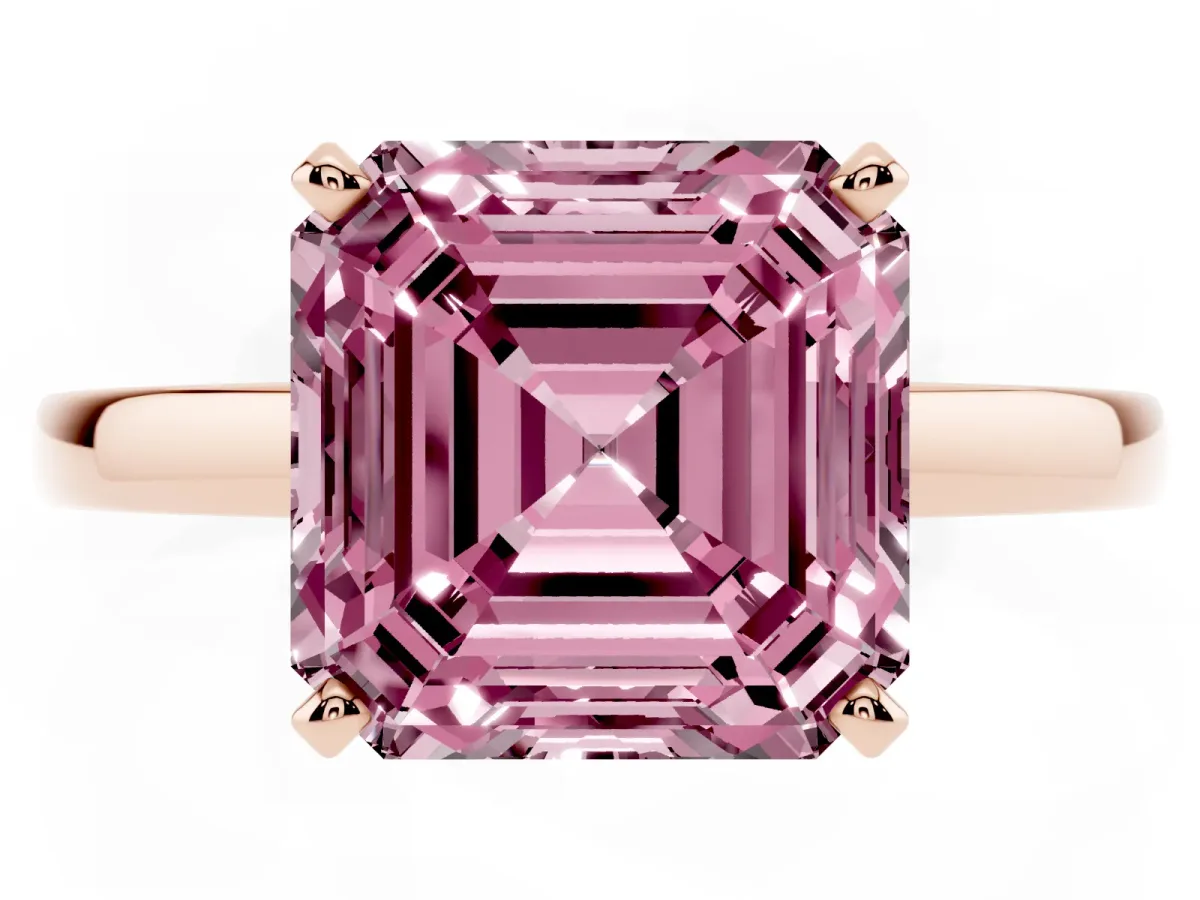 Fancy Pink Asscher Cut Solitaire Diamond Engagement Ring with Four-Prong Setting on a Classic Band Rose gold
