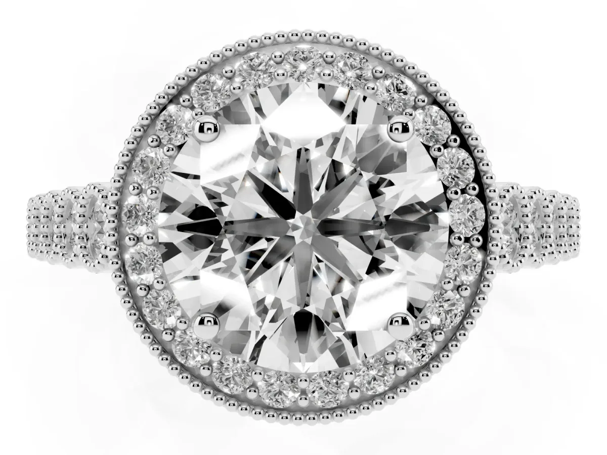 Round Cut Halo Milgrain Solitaire with Bezel Set Side Stones and Pave Band White gold