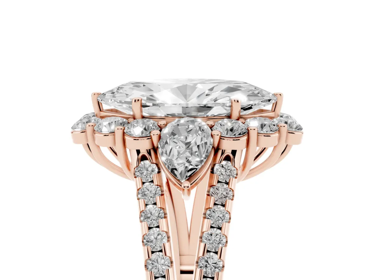 Marquise Cut Halo Split Shank Diamond Engagement Ring with Prong Setting Rose gold