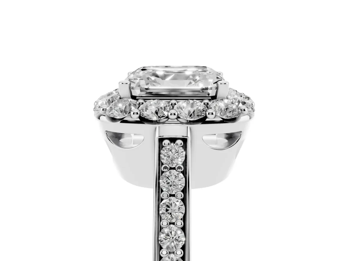Asscher Cut Diamond Floral Halo Ring with Pavé Band and Prong Setting Platinum